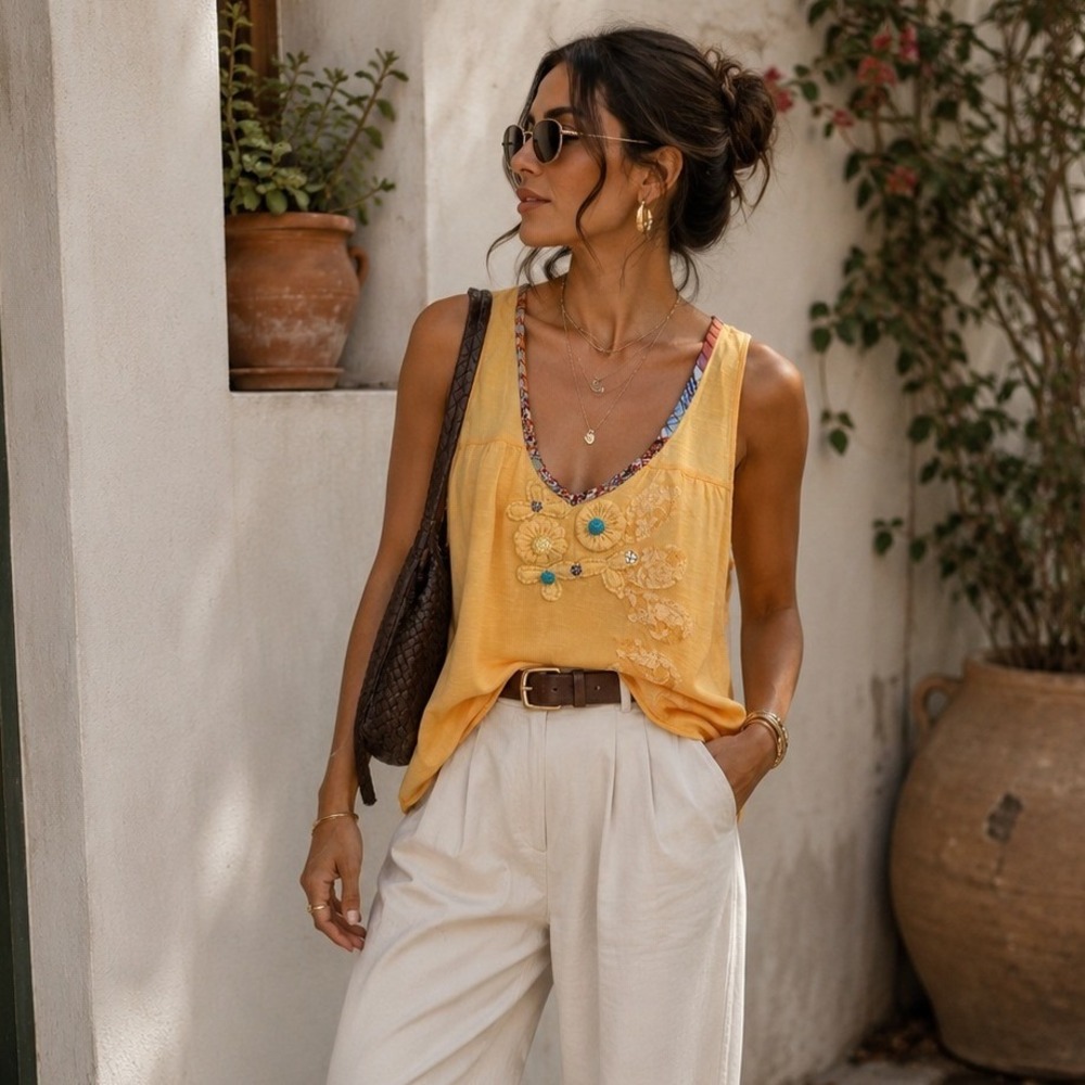 American Rag Cie Yellow Embroidered Boho Tank Top Lace Beads Racerback Womens S